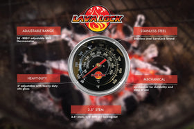 LavaLock thermometer with 2-inch face for quick grill checks.