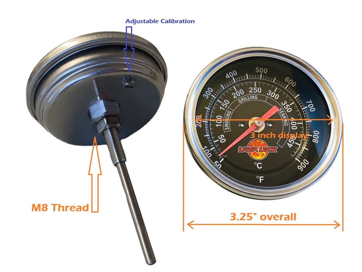 LavaLock thermometer with 3-inch face enabling readable temps during cooks.