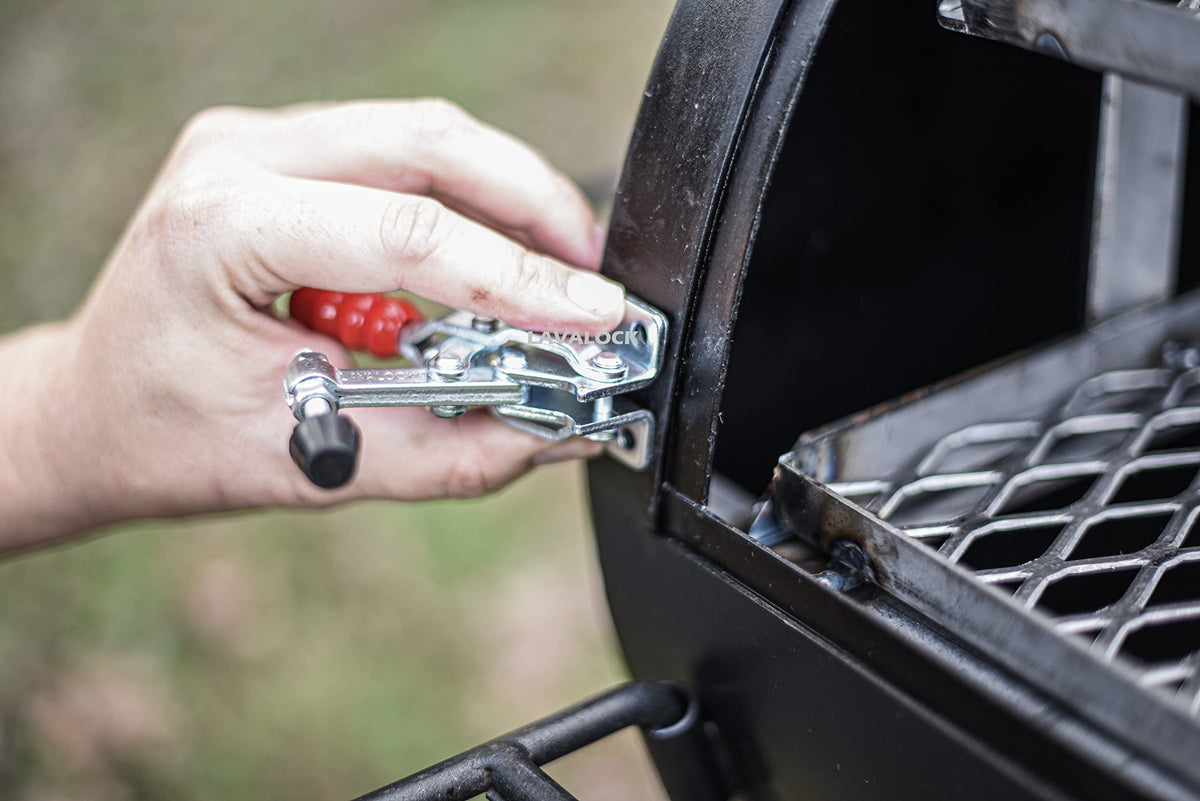 Adjustable LavaLock clamps designed for offset smokers to accommodate HL/LH configurations.