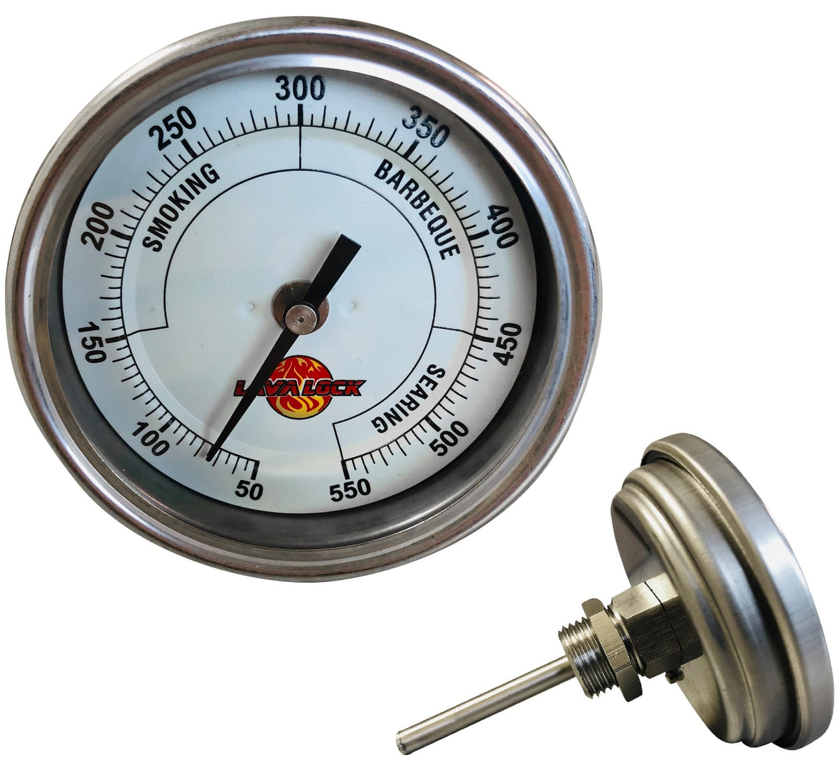 LavaLock thermometer 3-inch face for precise pit temperature readings during grilling.