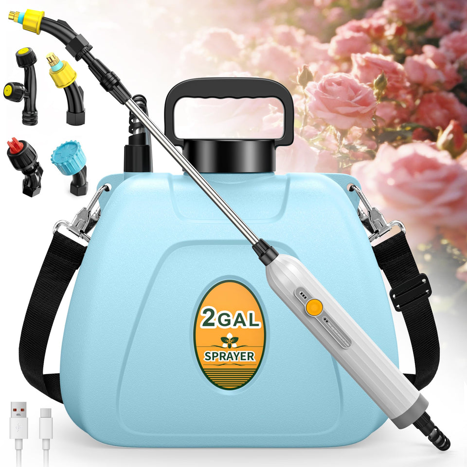 Lavendex battery-powered sprayer with a 2-gallon tank for efficient watering.