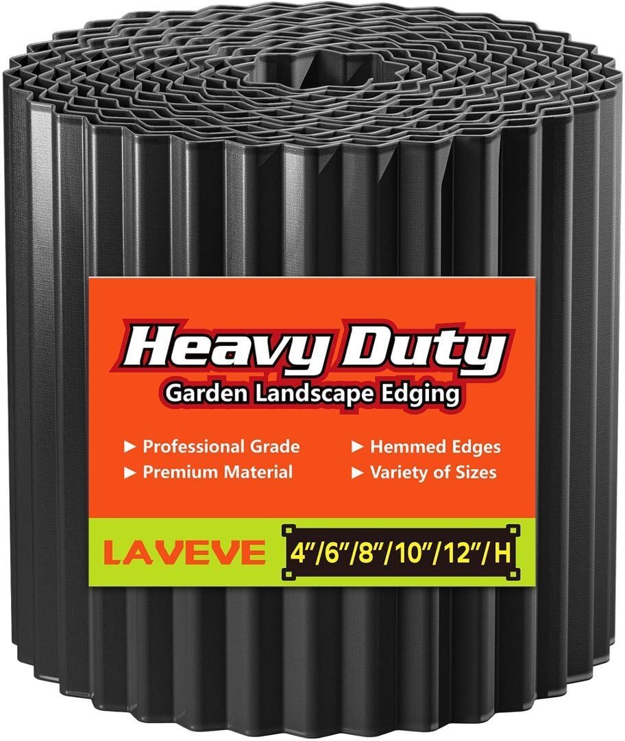 LAVEVE corrugated edging 8in-20ft black forms durable lawn borders for neat garden beds.