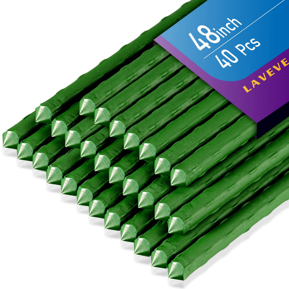 LAVEVE garden stakes 48in steel provide sturdy support for tall tomato plants.