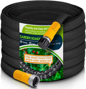 LAVEVE heavy-duty flat soaker hose 25ft laid out for efficient garden irrigation