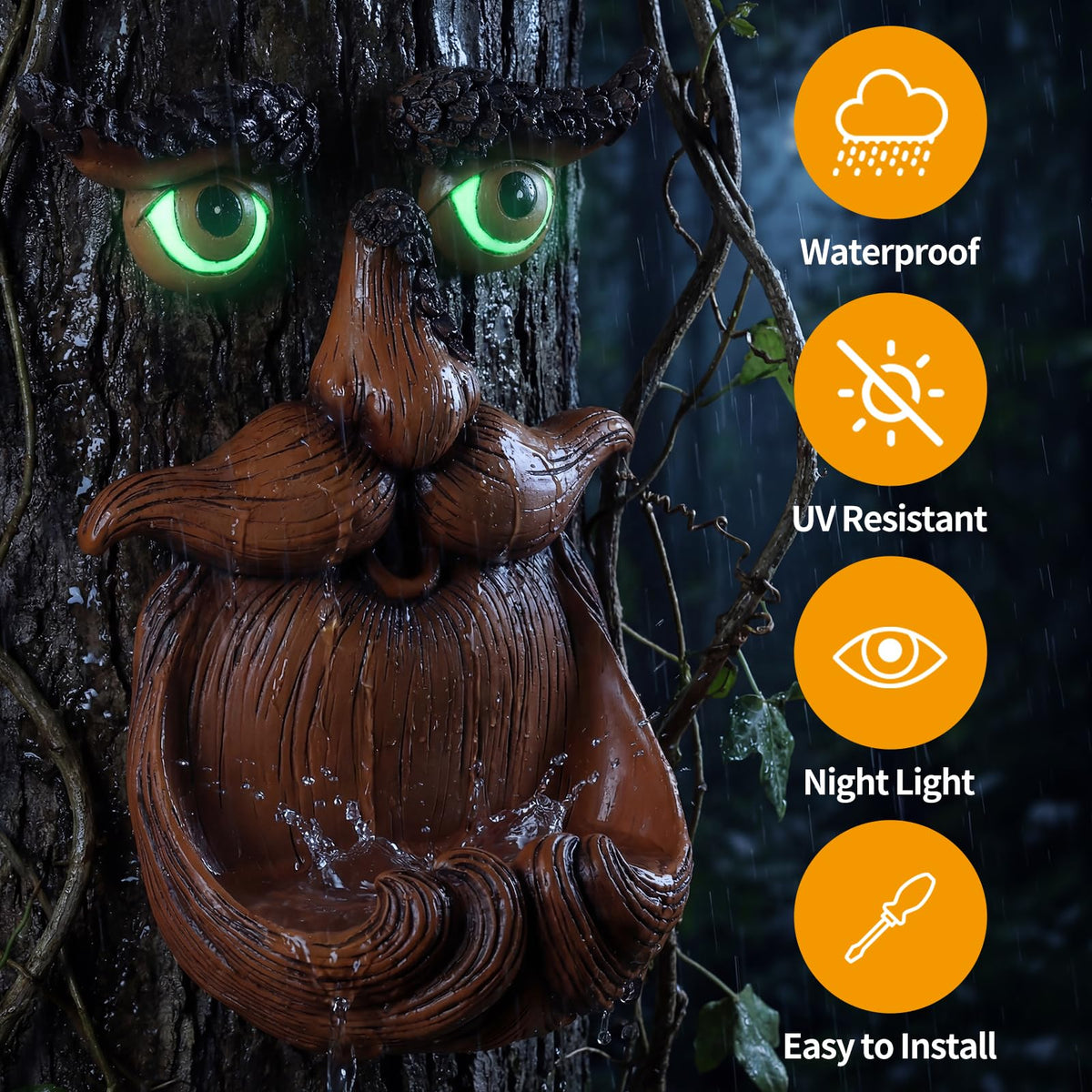 Lavezee tree-face sculpture adds personality to gardens and patios.