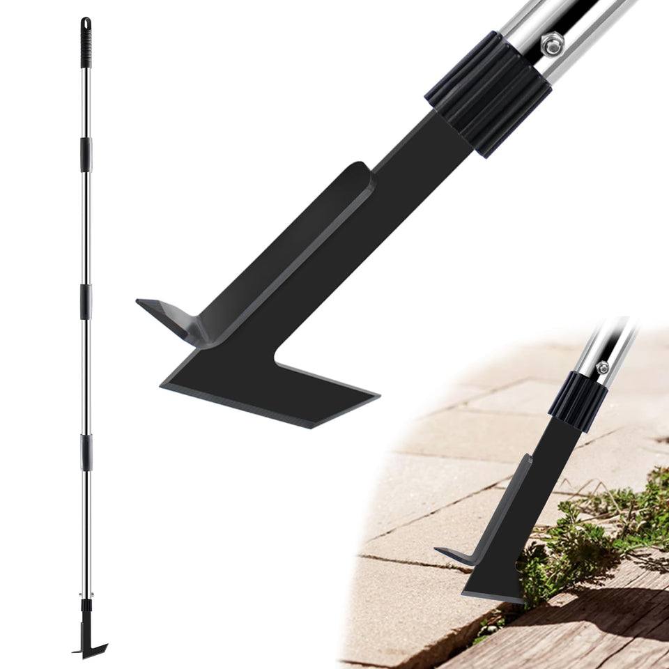 LAWFYMORI crack weeder with long handle for minimal bending during sidewalk cleaning.