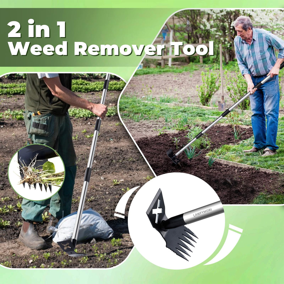 LAWFYMORI 2-in-1 head enables weed removal and soil leveling.