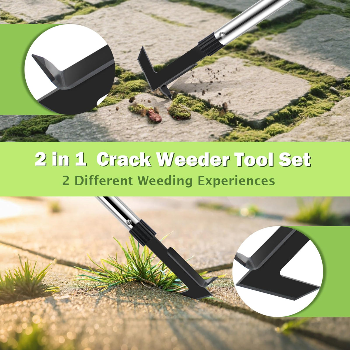 LAWFYMORI 2-in-1 weeder head tackles narrow and wide cracks efficiently.