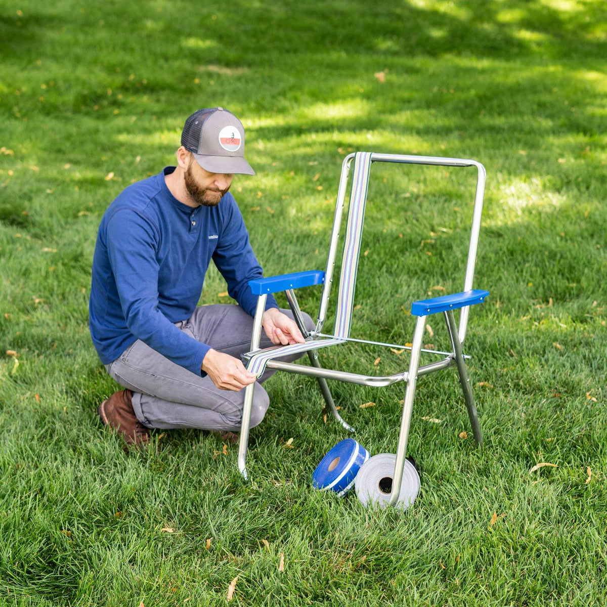 Replacing webbing on an aluminum Lawn Chair USA frame.