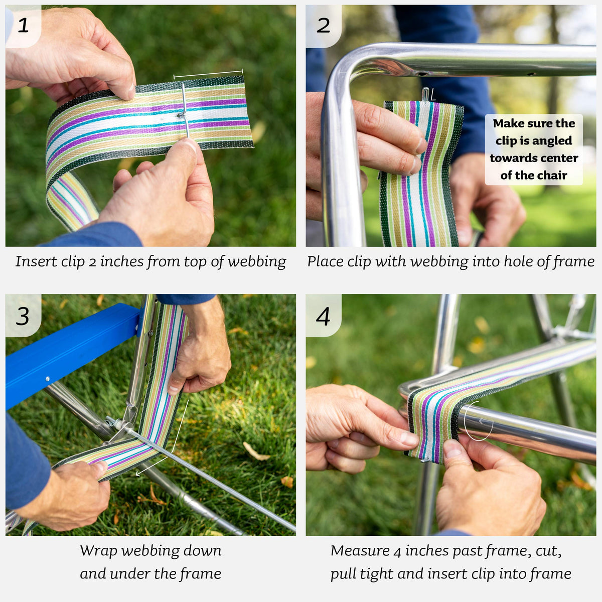 Seat and back webbing being installed on a Lawn Chair USA chair.