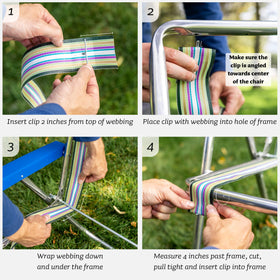 Seat and back webbing being installed on a Lawn Chair USA chair.