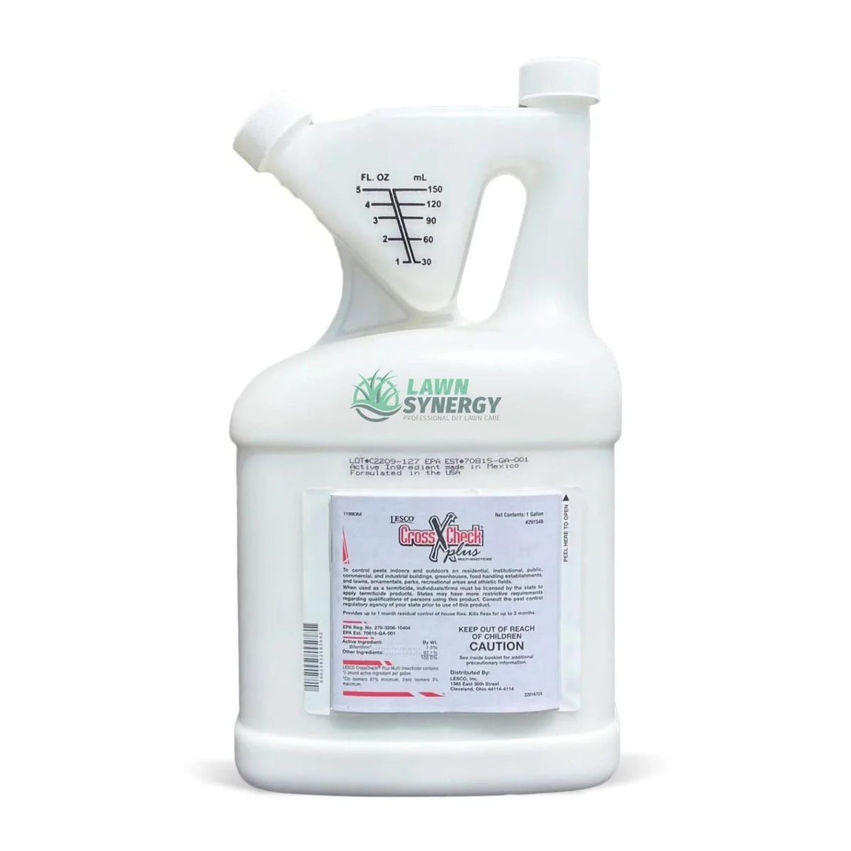 Lawn Synergy Lesco CrossCheck Plus insecticide bottle for effective outdoor pest control.