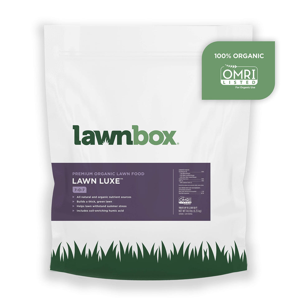 Lawnbox Lawn Luxe 7-0-7 bag front view promotes summer lawn nourishment.