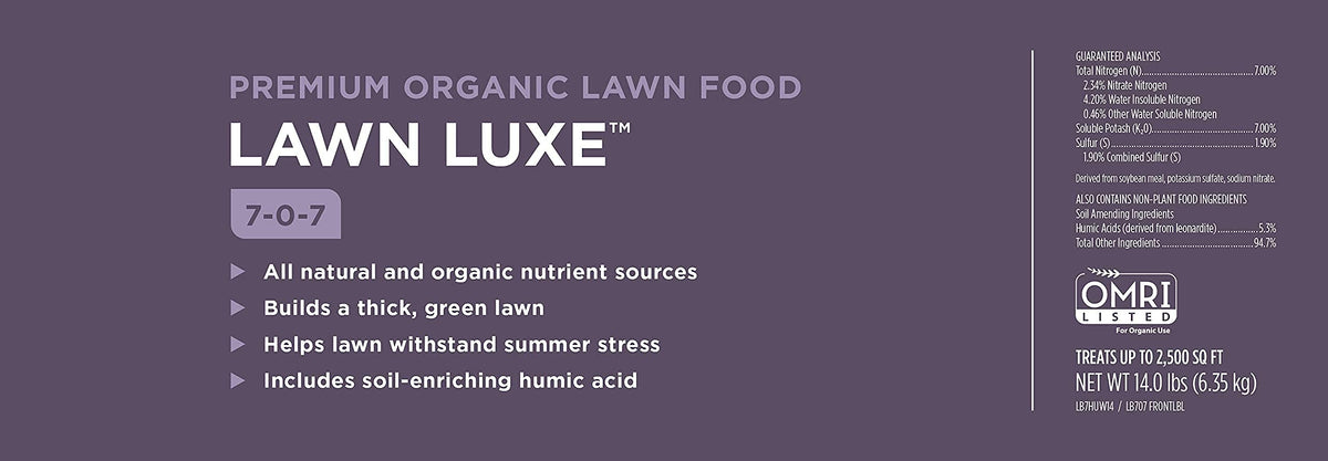 Lawnbox Lawn Luxe 7-0-7 bag on shelf signals ready availability.