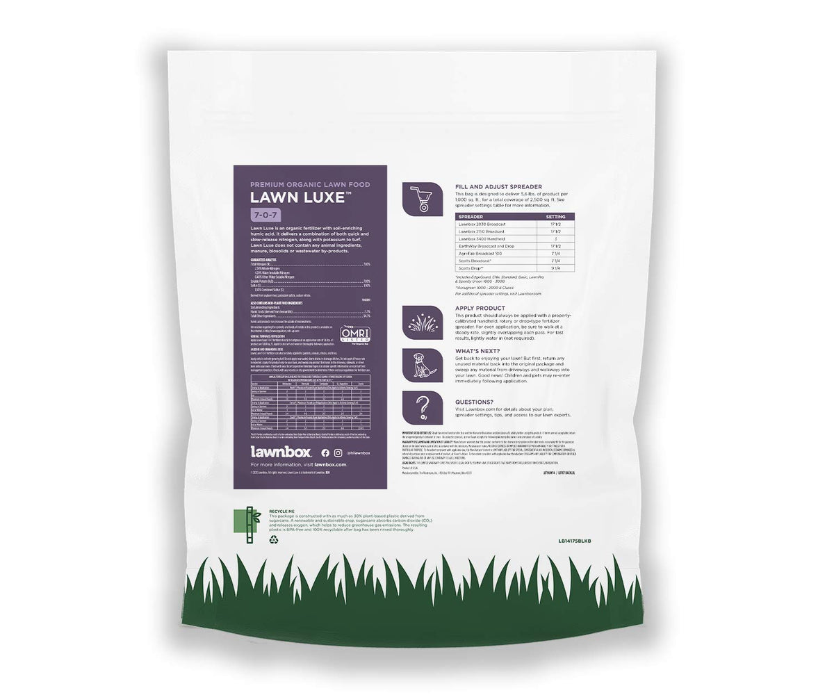 Lawnbox Lawn Luxe 7-0-7 label closeup highlights organic formula and easy use.