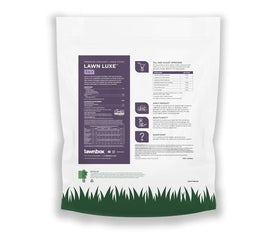 Lawnbox Lawn Luxe 7-0-7 label closeup highlights organic formula and easy use.