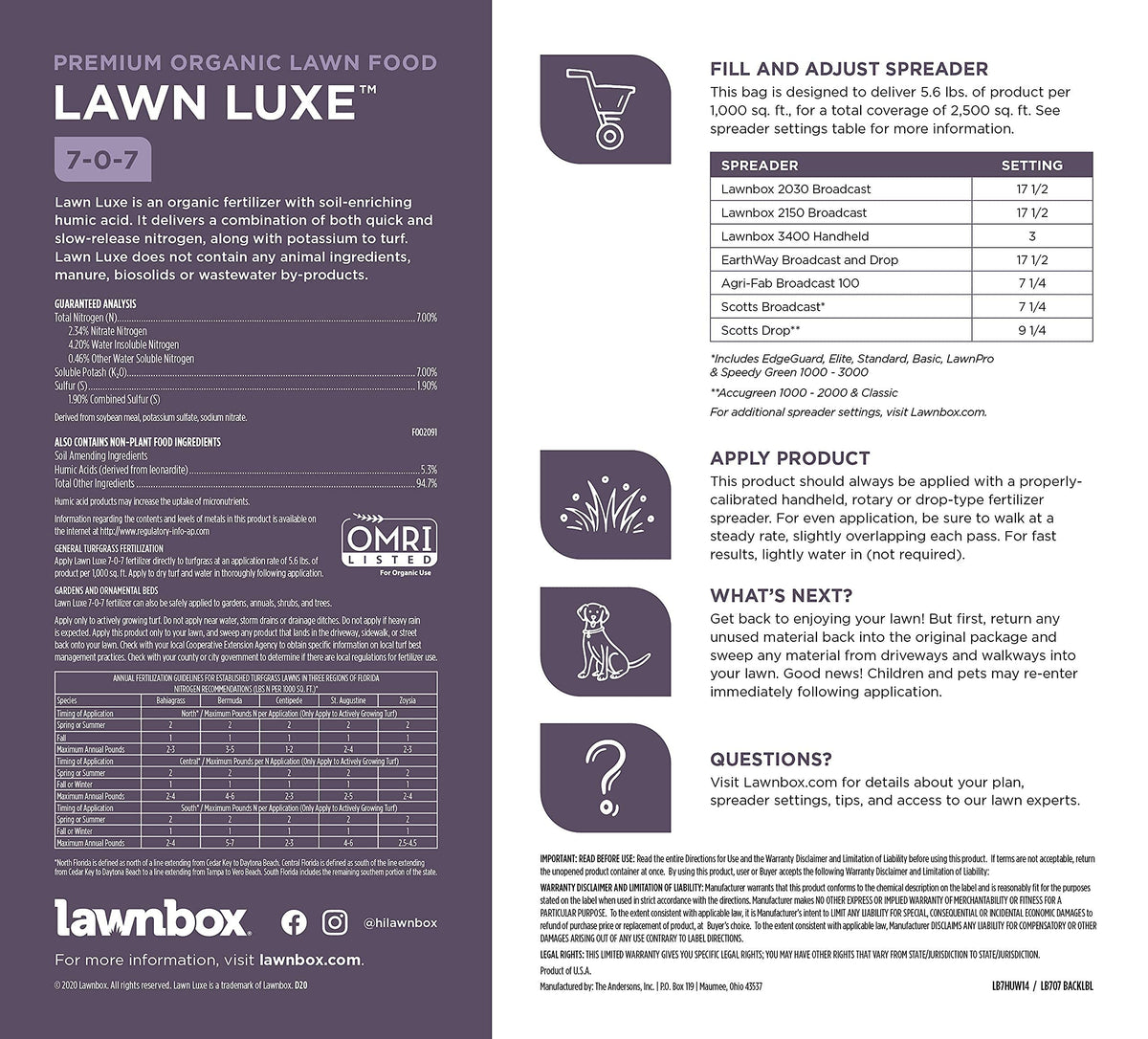 Lawnbox Lawn Luxe 7-0-7 nutrition label conveys organic, animal-free formulation.
