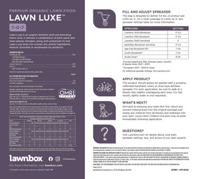 Lawnbox Lawn Luxe 7-0-7 nutrition label conveys organic, animal-free formulation.