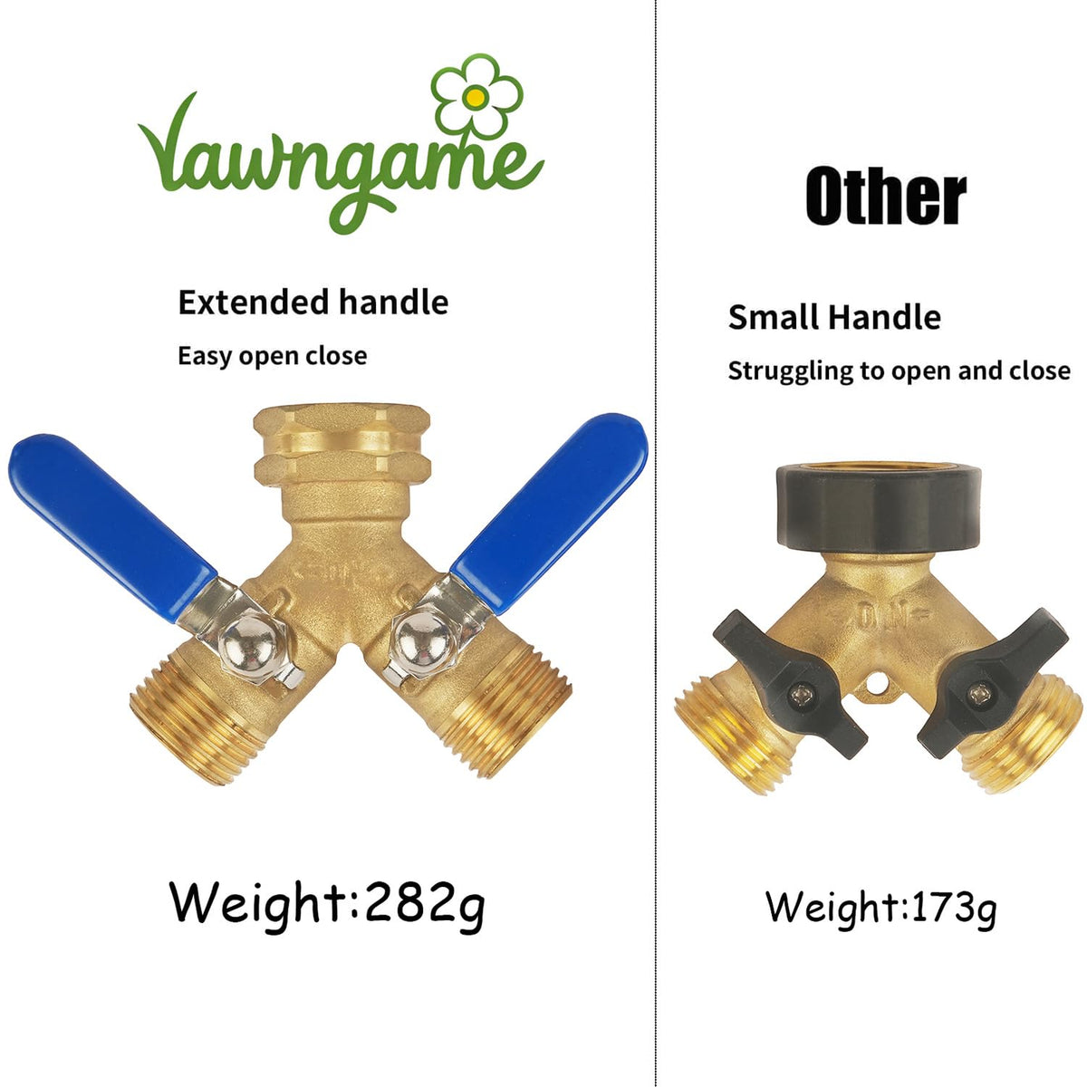 Lawngame hose splitter mounted on an outdoor faucet enabling dual watering.