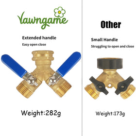 Lawngame hose splitter mounted on an outdoor faucet enabling dual watering.