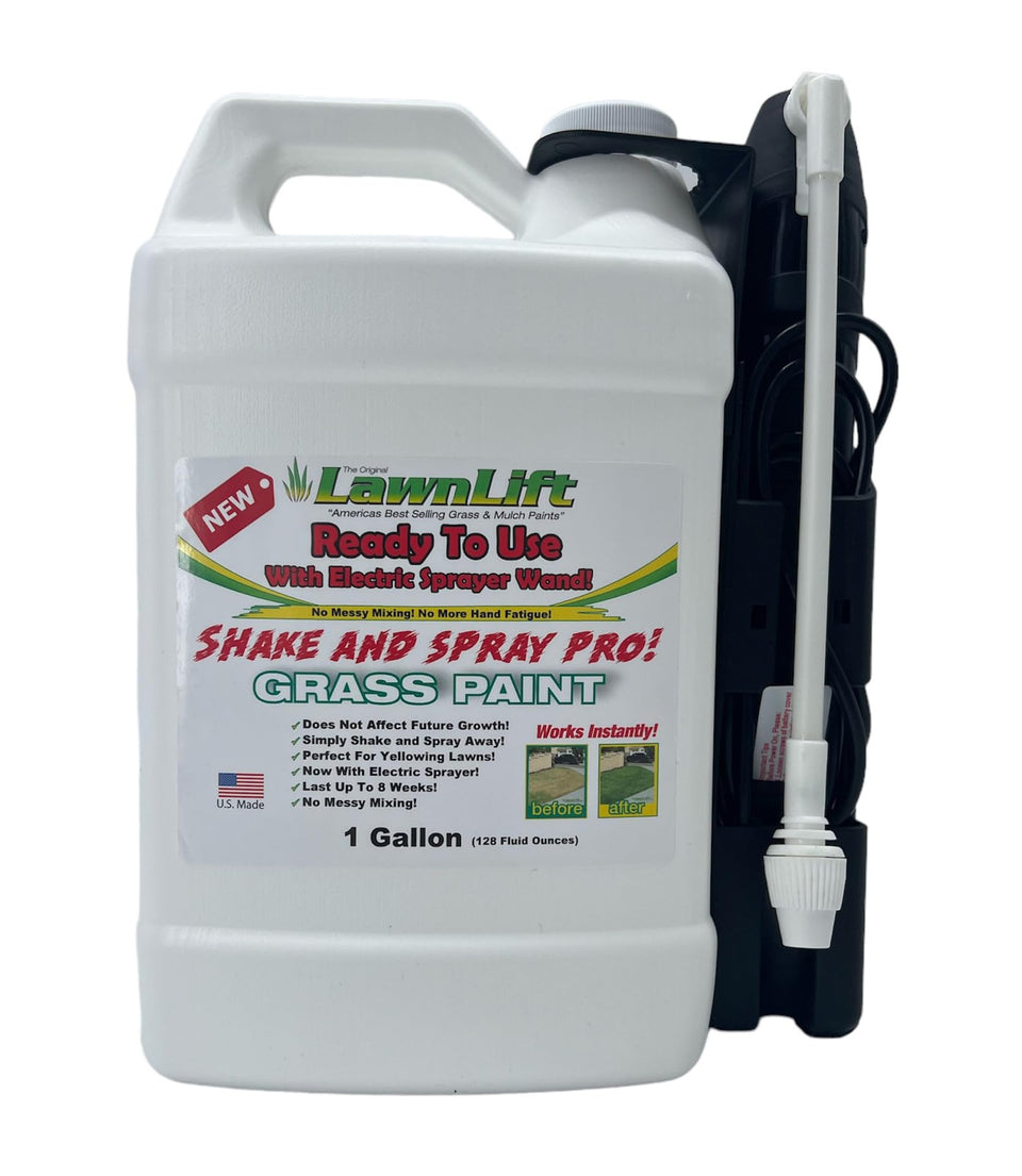 LawnLift electric sprayer wand applying even lawn paint.