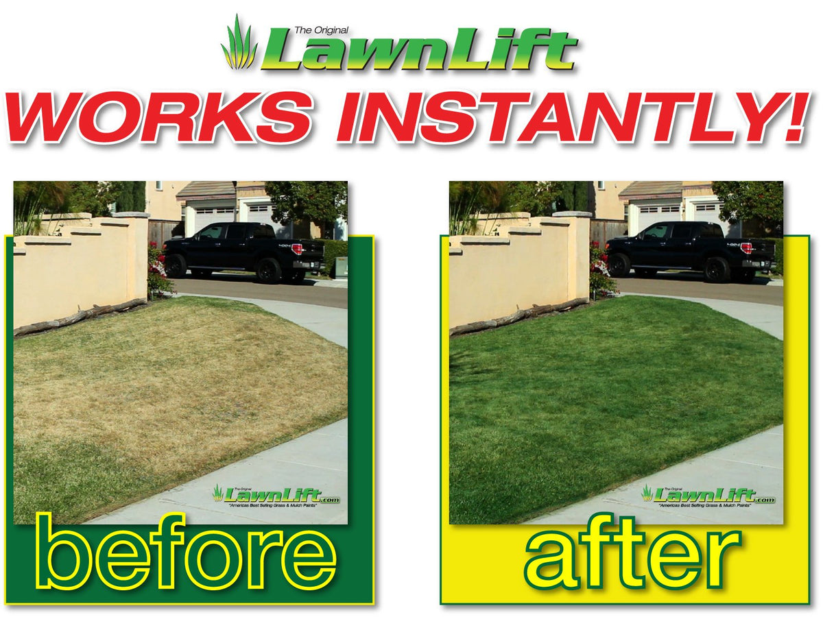 LawnLift instant-green finish on a yellowing lawn.
