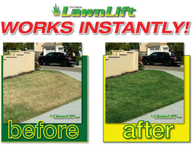LawnLift instant-green finish on a yellowing lawn.