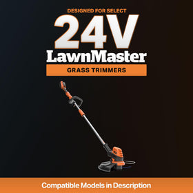 LawnMaster auto-feed demonstration image indicates uninterrupted trimming performance.