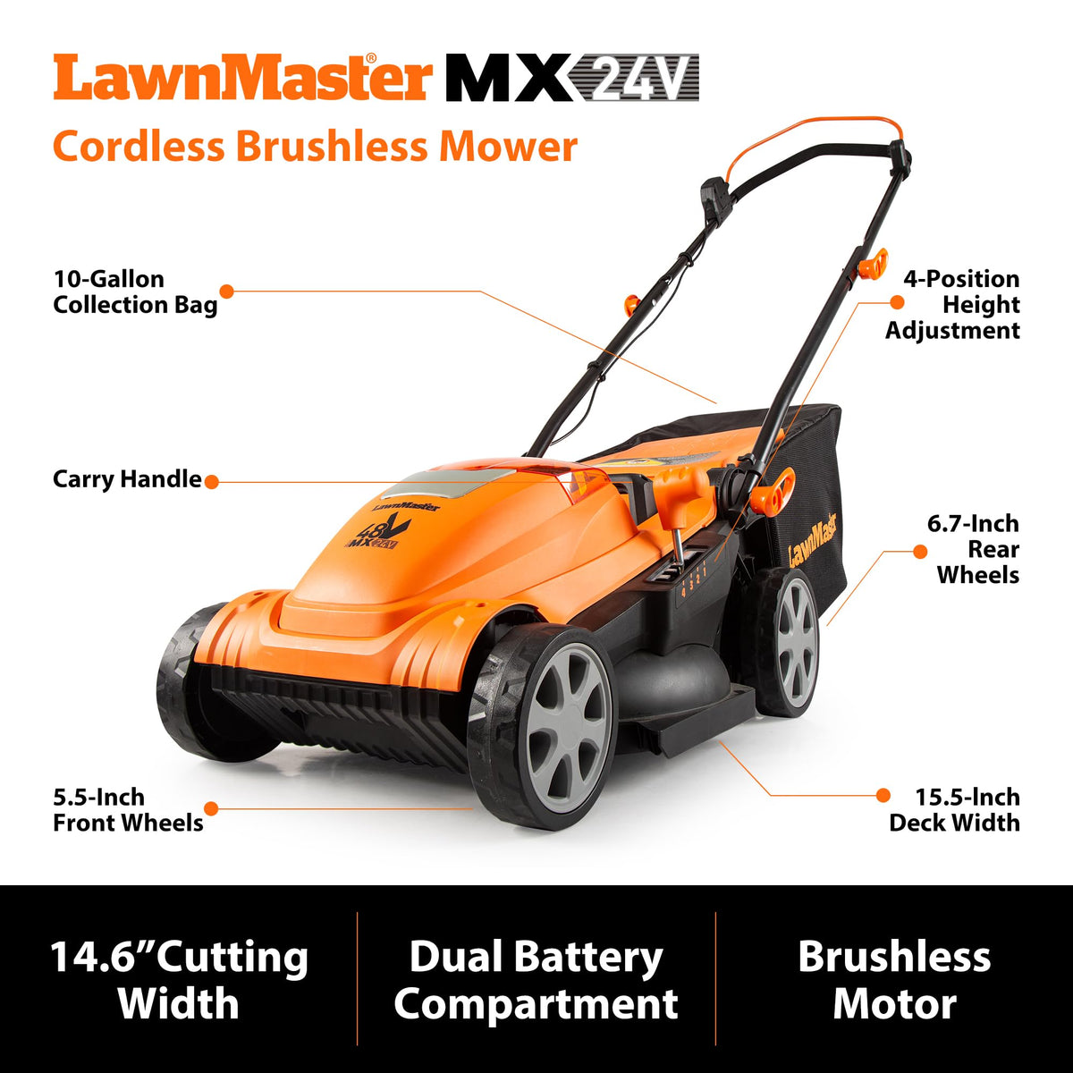 LawnMaster four-position cut height allows 1.4 to 2.5 inches