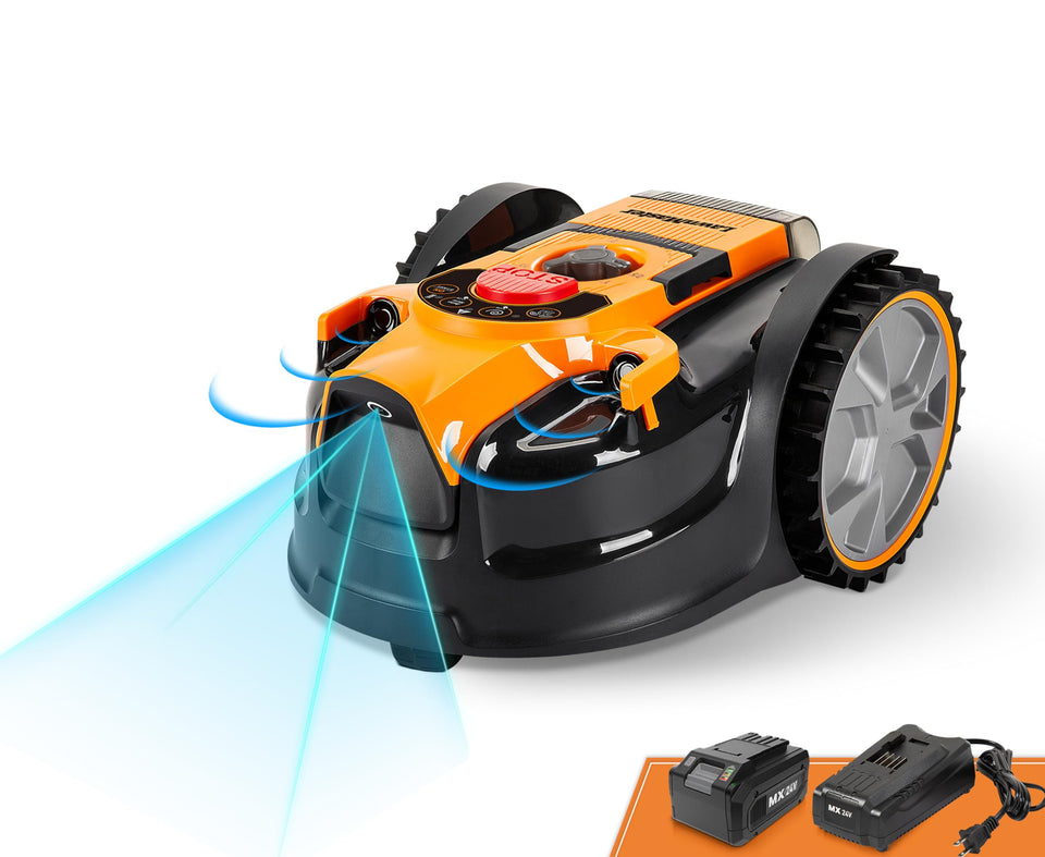 LawnMaster OcuMow front view demonstrates compact design for small lawns.