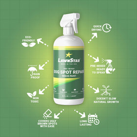 LawnStar Dog Spot Repair label closeup confirms USA-made, safety-focused formula.