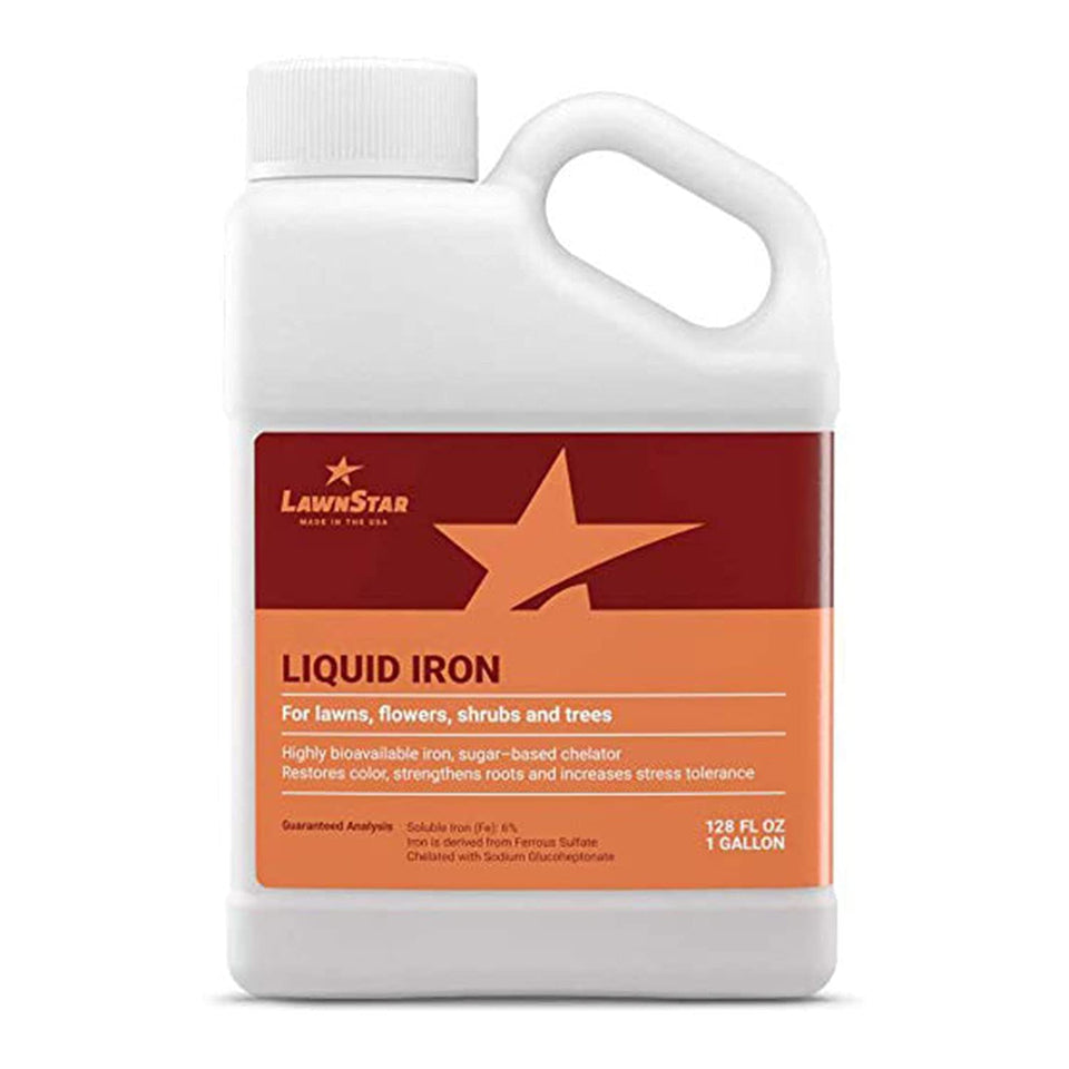 LawnStar Liquid Iron bottle pour for direct root feeding and quick iron delivery.