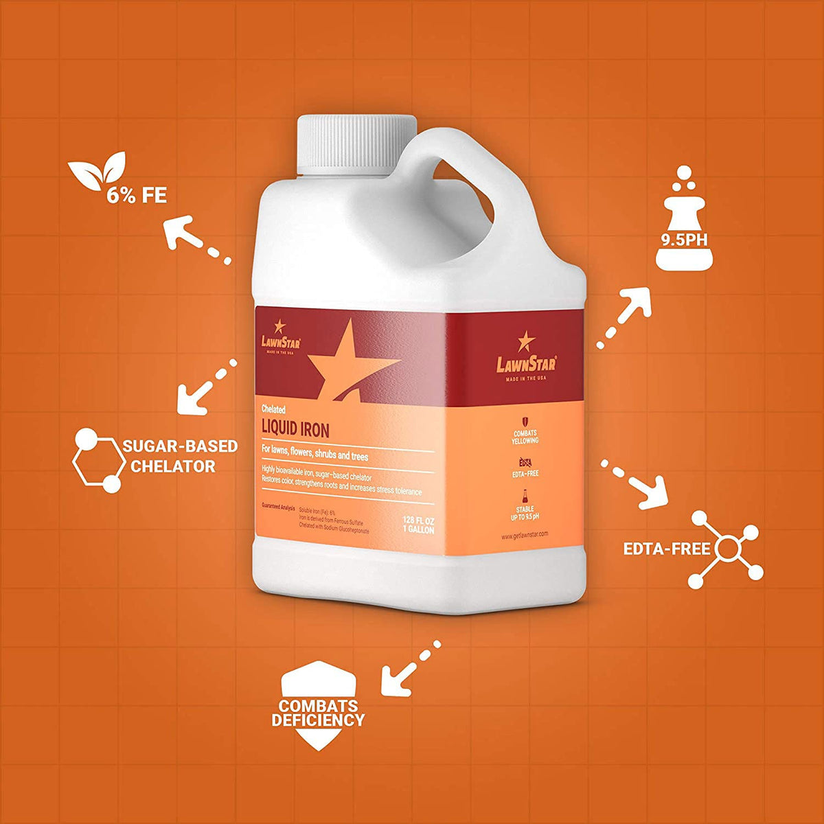 LawnStar Liquid Iron aids color and growth in trees and woody plants.