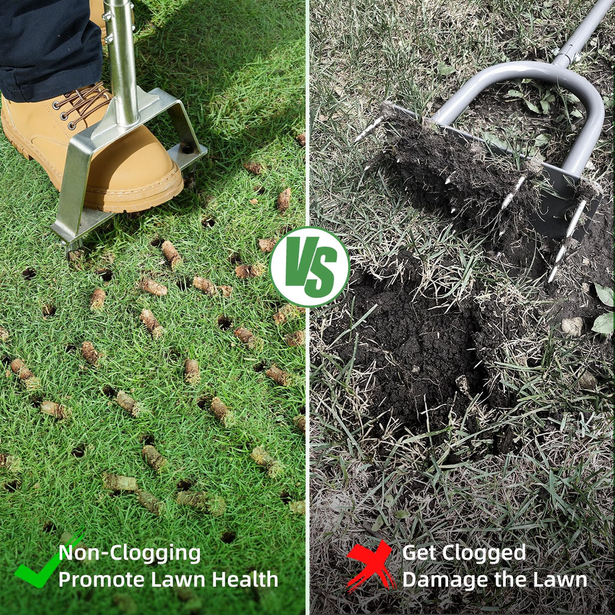 LawnVigor aerator in use on a lawn showing core holes