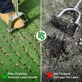 LawnVigor aerator in use on a lawn showing core holes