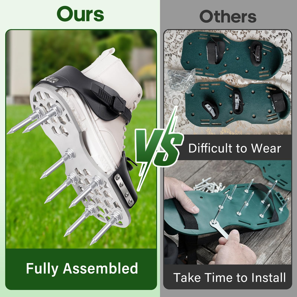 LawnVigor Aerator Shoes fully assembled; strap on and start lawn aeration.