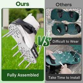 LawnVigor Aerator Shoes fully assembled; strap on and start lawn aeration.