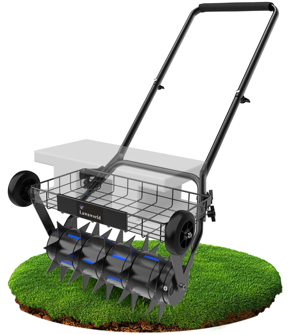 Lawnworld 2-in-1 aerator roller drum in action, aiding deep soil penetration