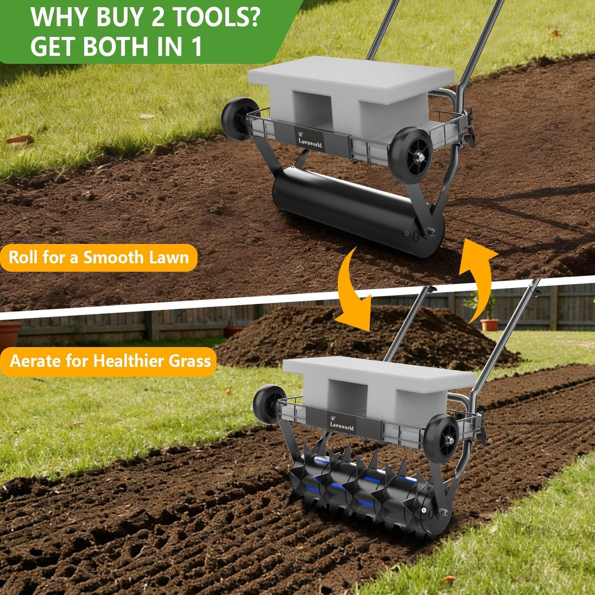 Lawnworld removable gear spikes enable quick mode switching for aeration or rolling