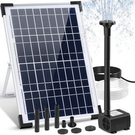 LAWOHO solar fountain panel in sun powering outdoor feature.