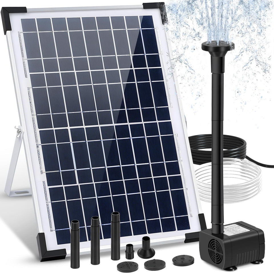 LAWOHO solar fountain panel in sun powering outdoor feature.