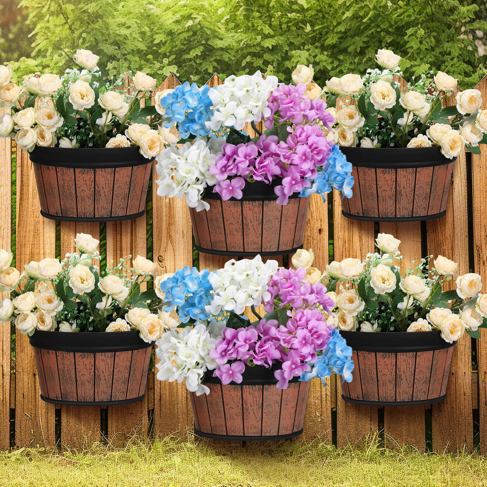 Layhit wine-barrel hanging planter 6-pack showcases outdoor-friendly design with integrated drainage for healthy plants