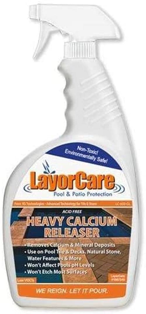 LayorCare Heavy Calcium Releaser on pool tiles removes mineral buildup for a brighter surface.
