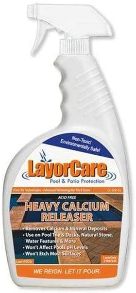 LayorCare Heavy Calcium Releaser on pool tiles removes mineral buildup for a brighter surface.