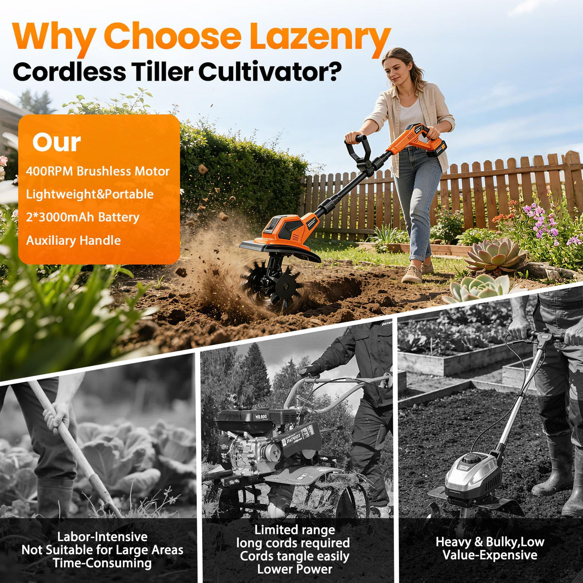 Lazenry cordless garden tiller enables easy movement without cords.