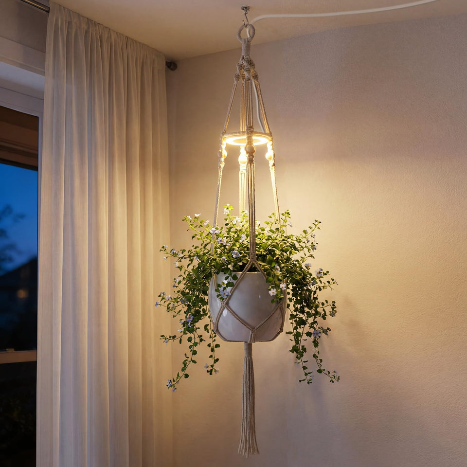 Lazukes hanging grow light with macrame pendant boosts indoor plant growth and décor