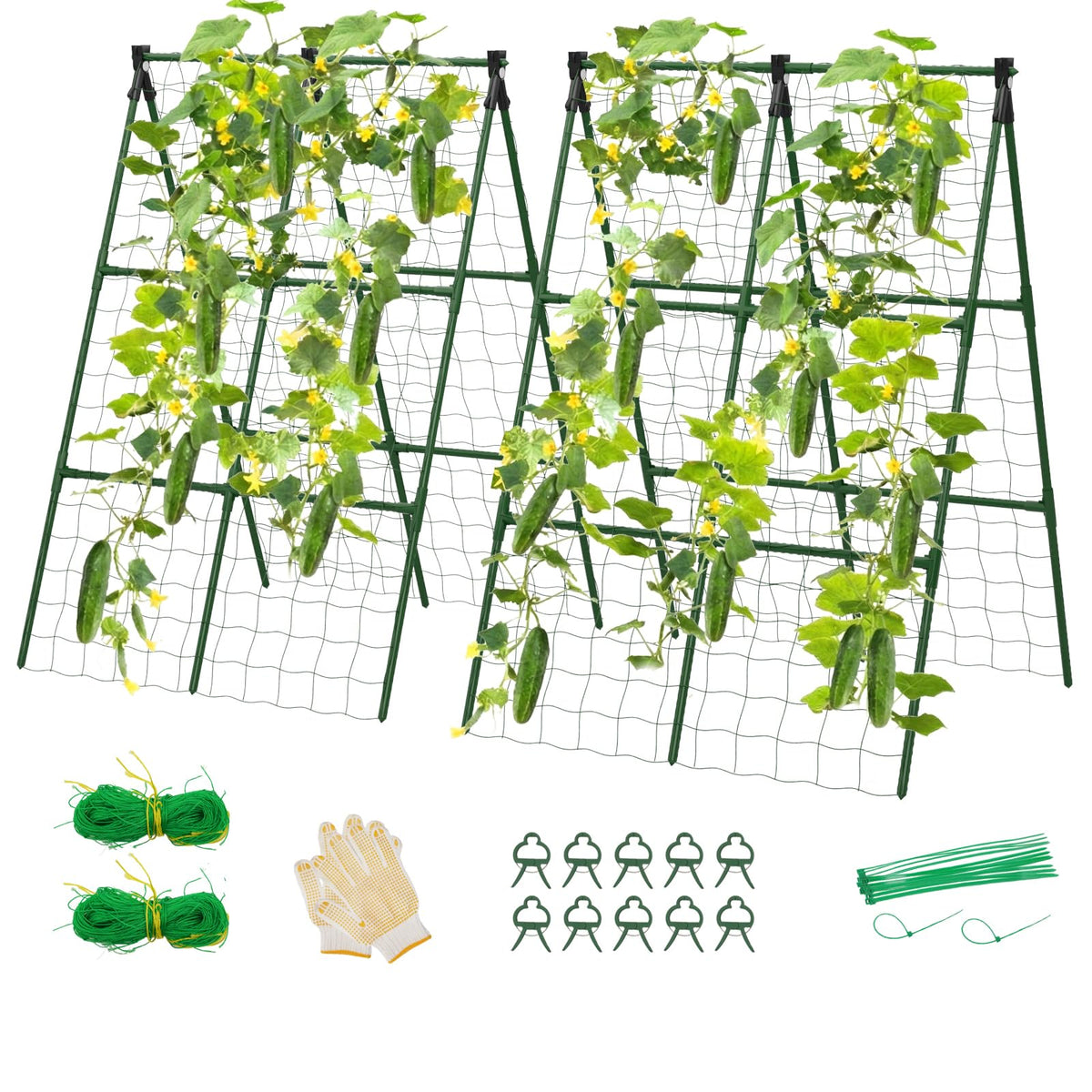 Lazzmonk cucumber trellis A-frame setup offers dual sides for airflow and support.