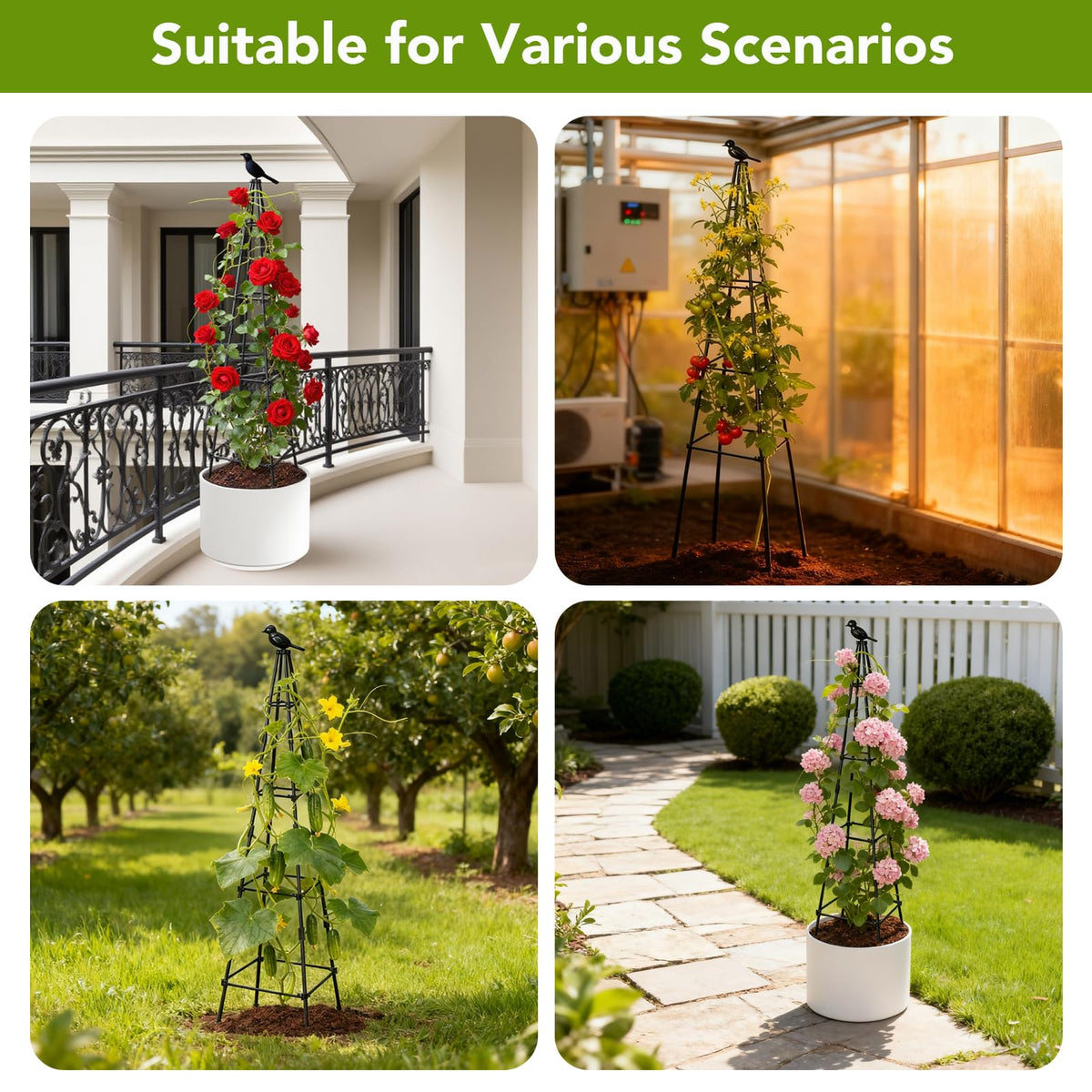 Flush-mounted clips allow tool-free, quick assembly of the trellis.