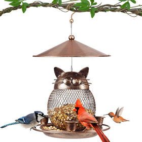 LBTING bronze cat bird feeder outdoors with squirrel-proof baffle.
