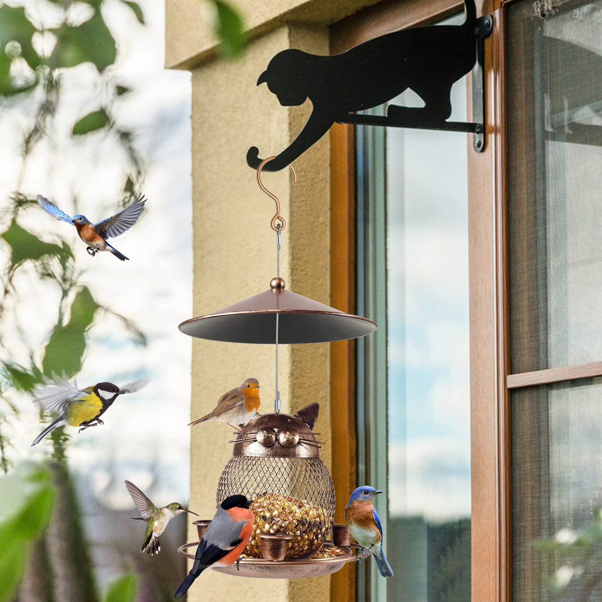 LBTING bird feeder attracting cardinals, tits, finches, and bluebirds.